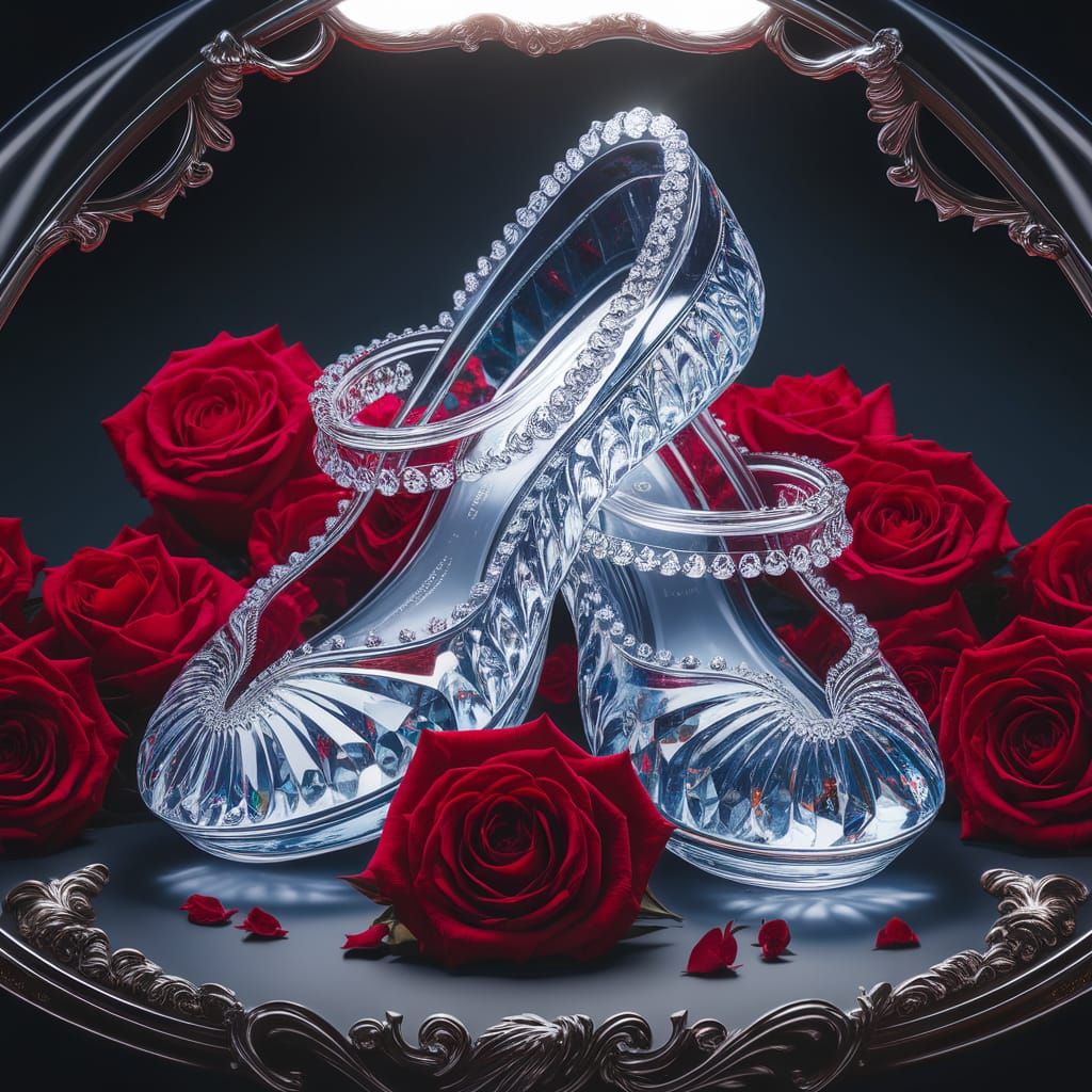 Princess's Crystal Slippers Among Red Roses
