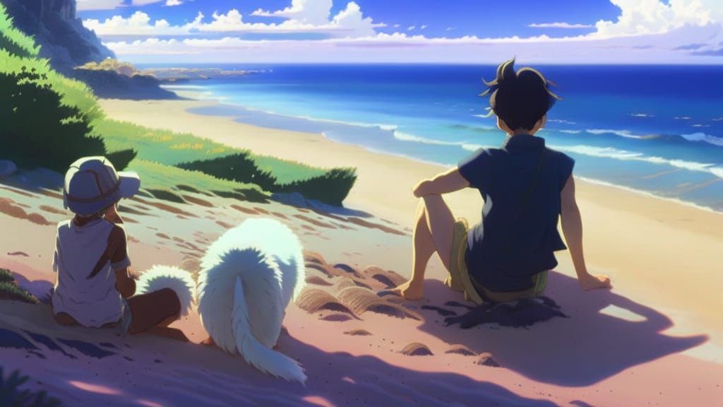 Boy and his dog relaxing on a beach ghibli