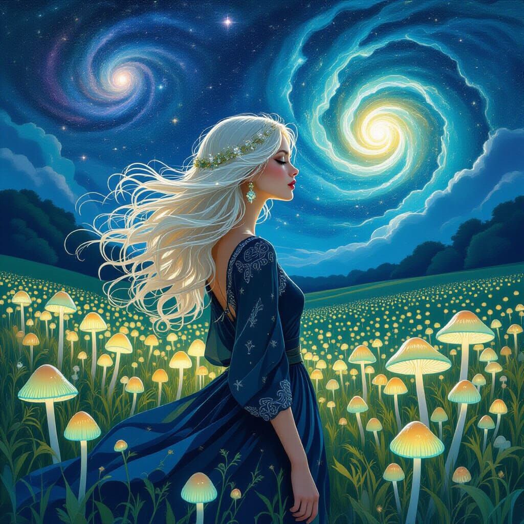 Starlight Haired Woman in Bioluminescent Mushroom Field