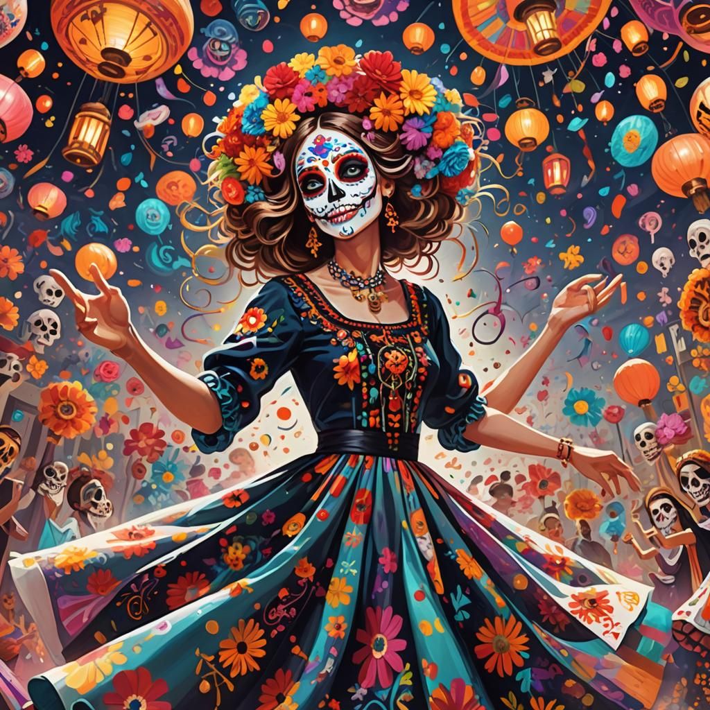 Joyful Girl Dancing in Phantasmagoric Festival