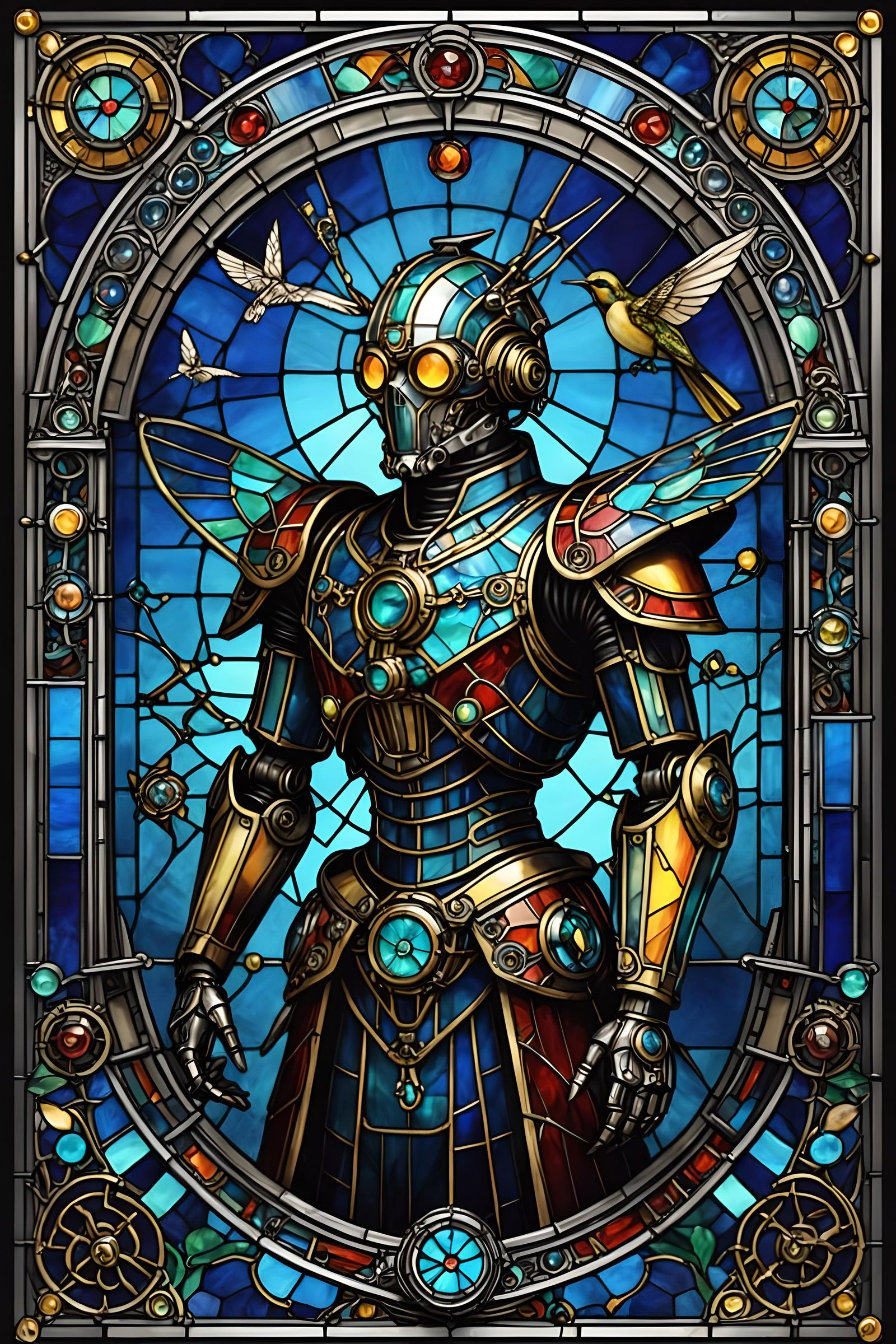 Steampunk Robot Samurai Portrait in Stained Glass