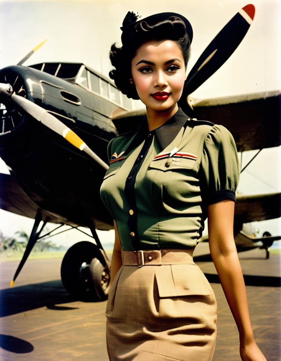 Vintage Indonesian Pin-Up with Airplane, 1940s Style