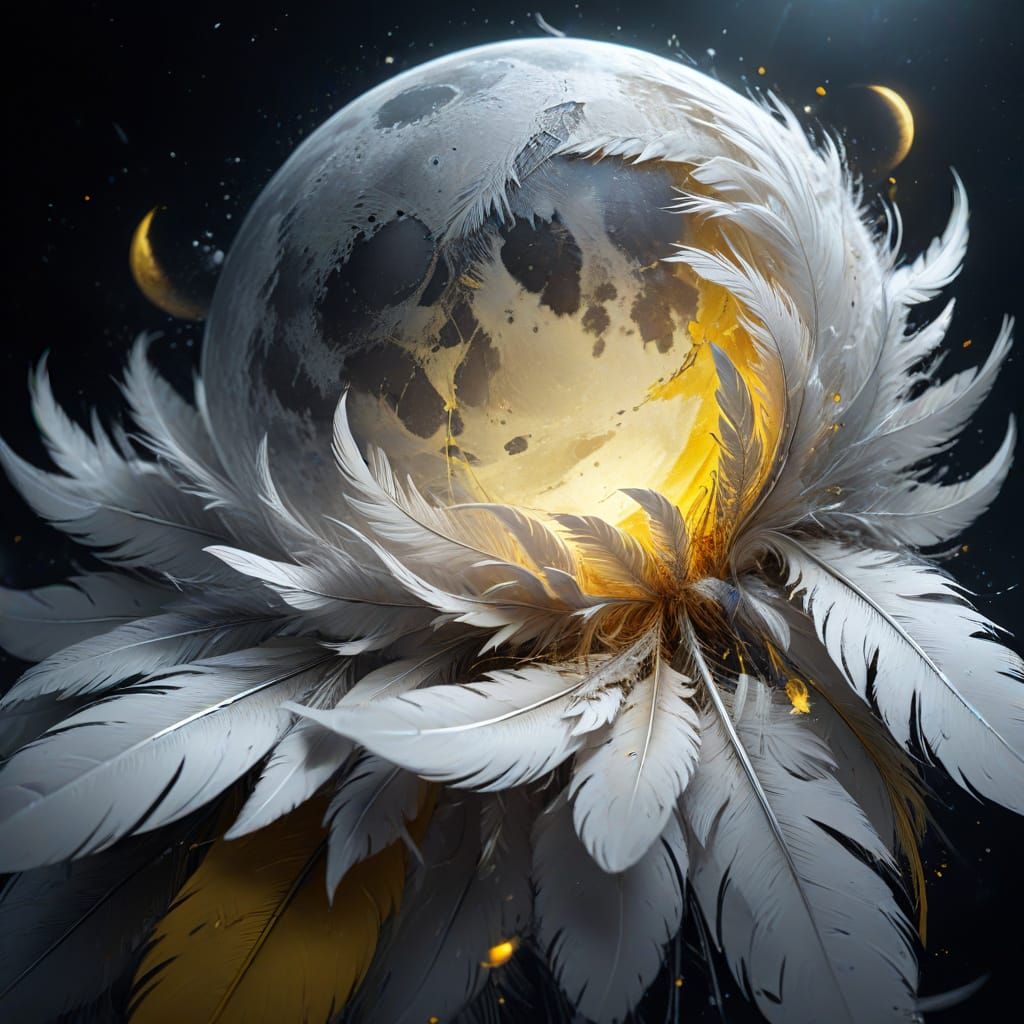 Dreamy Moon with Silver Feathers: Digital Painting