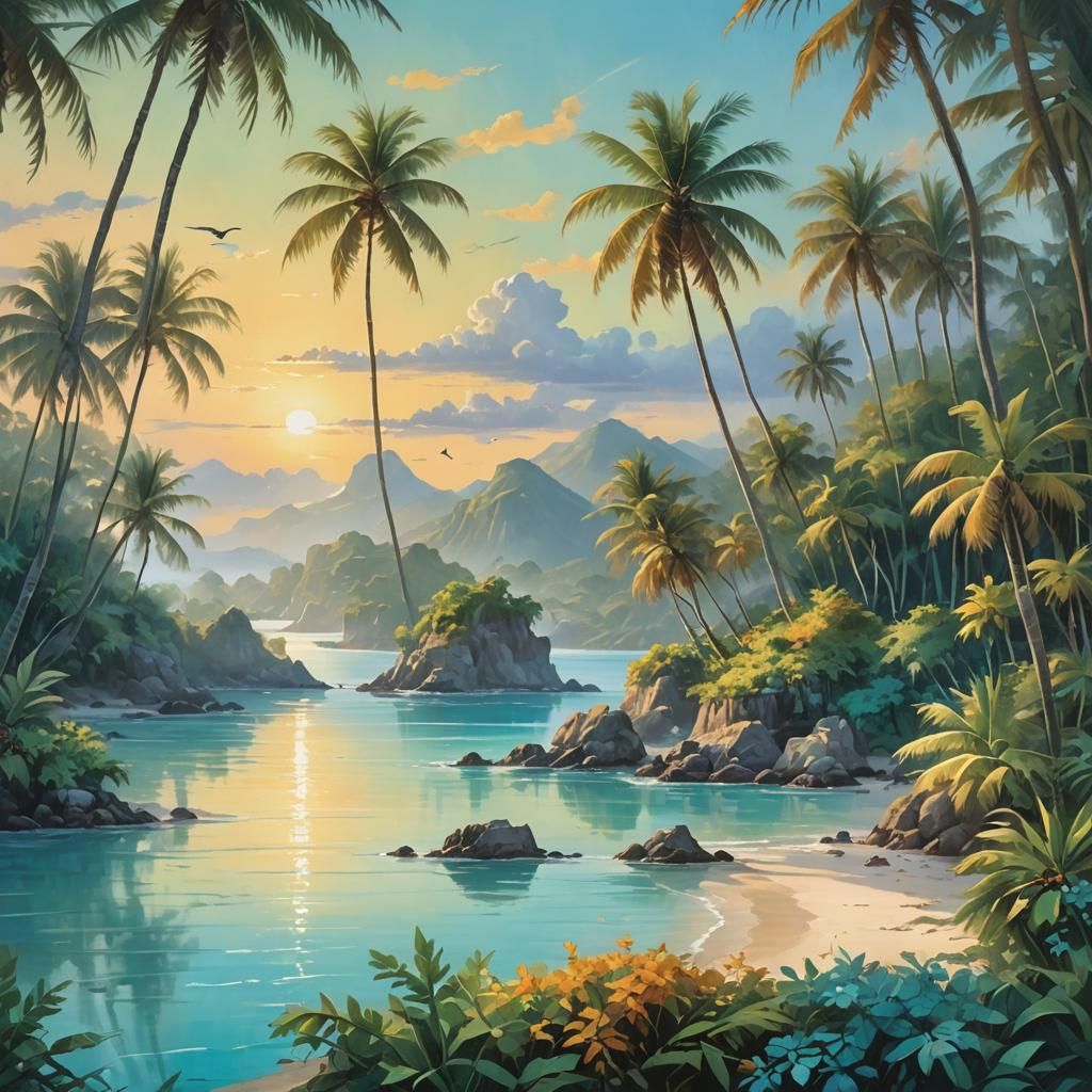 Dawn on Bounty Island Lagoon: A Matte Painting