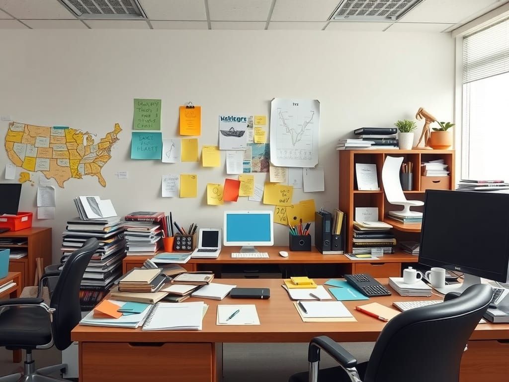 Giant Desk Cluttered with Talking Office Supplies