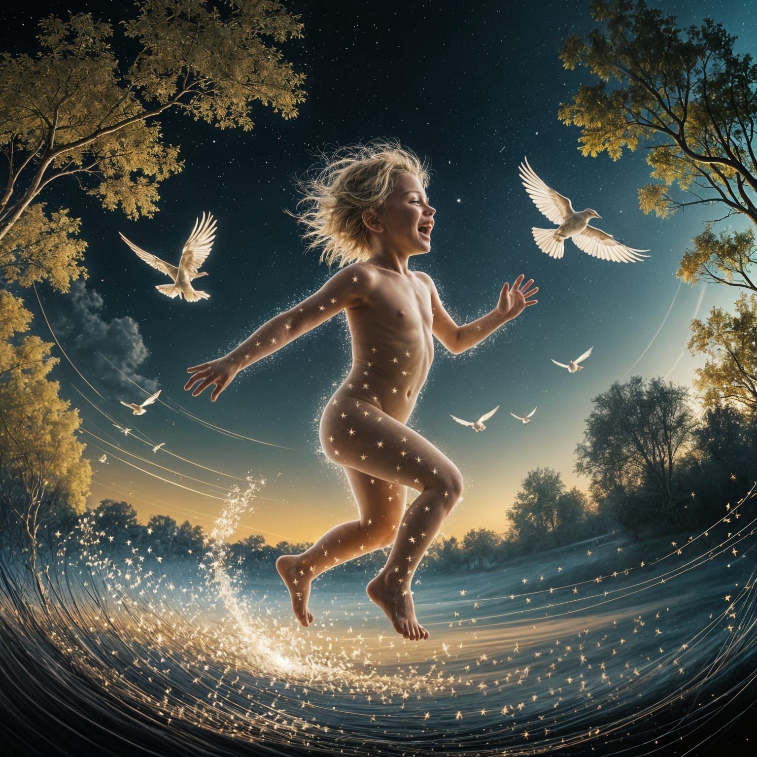 Celestial Child Leaping in Starry Impressionistic Landscape