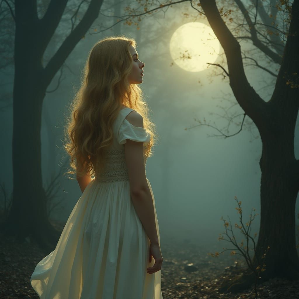 Ethereal Woman at Forest Edge in Pre-Raphaelite Style