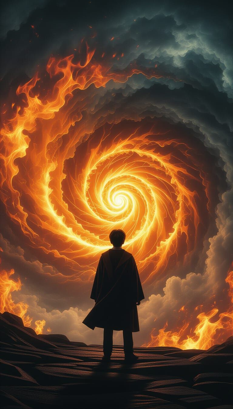 Harry Potter and the Fiery Vortex in Dark Fantasy Style