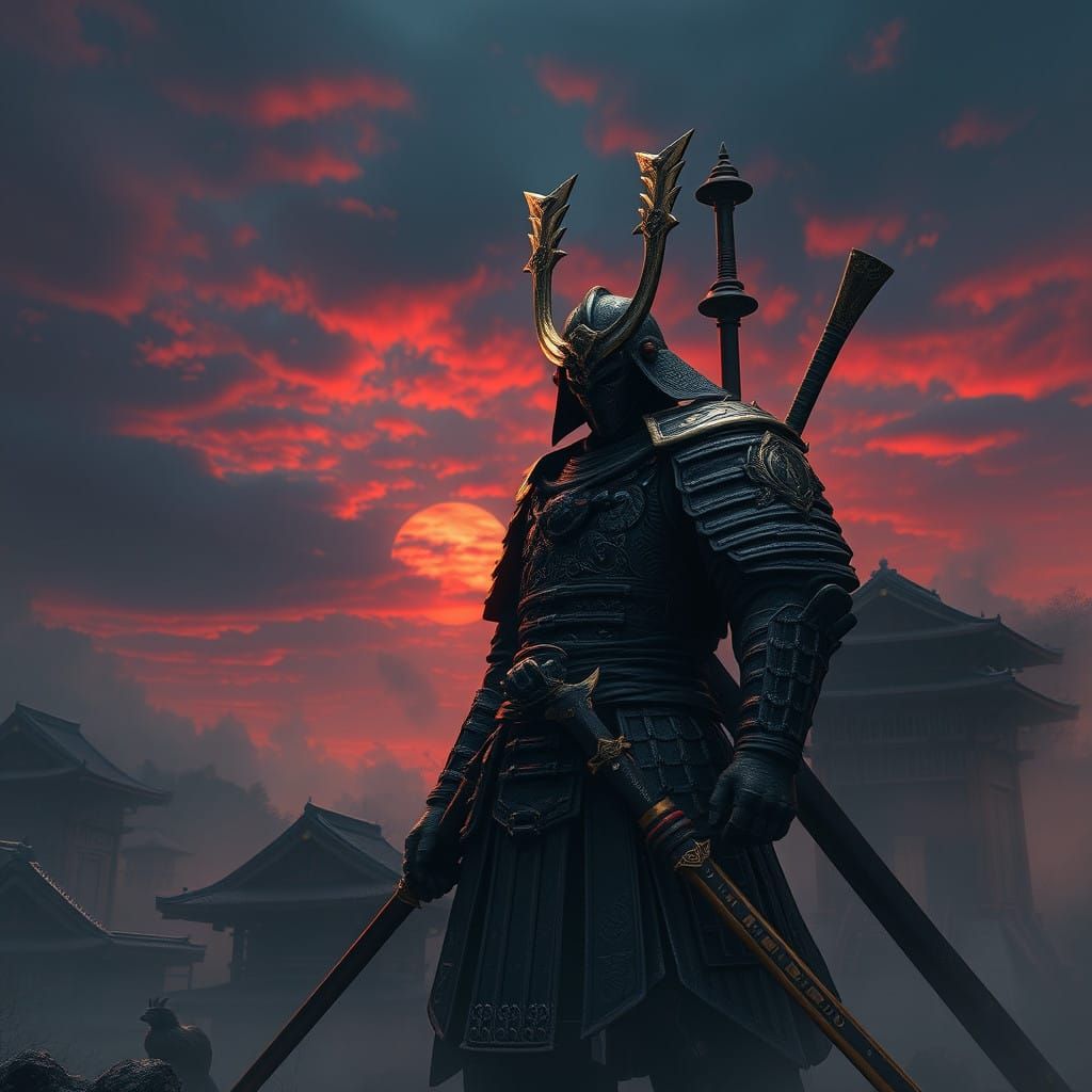 Ethereal Samurai in Feudal Japanese Landscape