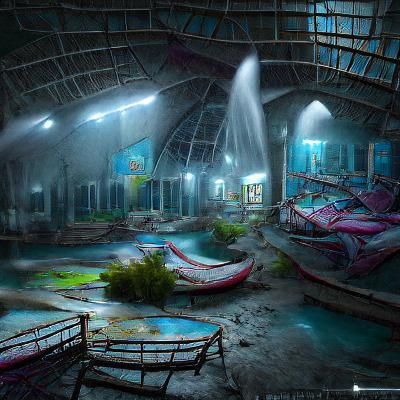 Eerie Abandoned Indoor Waterpark Scene