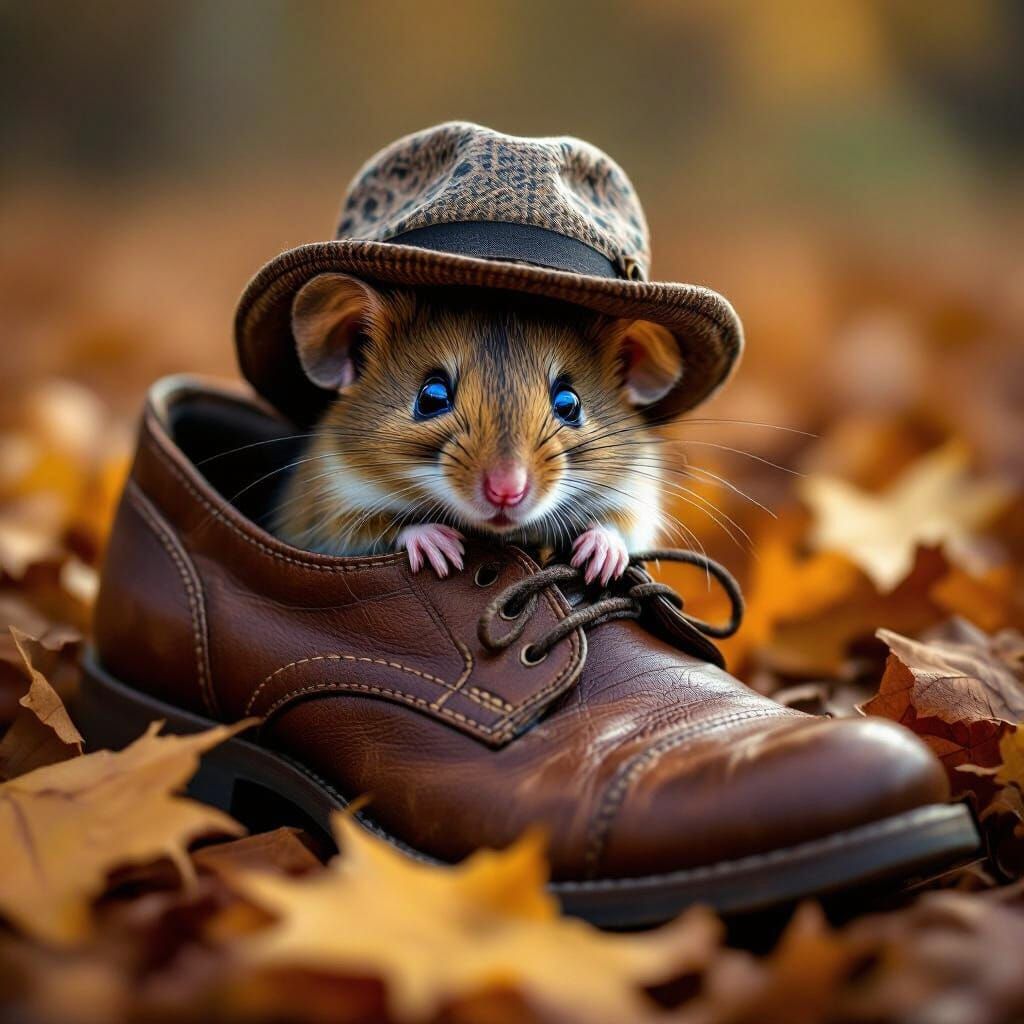 Cute Mouse in Old Shoe with Blue Eyes, Photorealistic Style