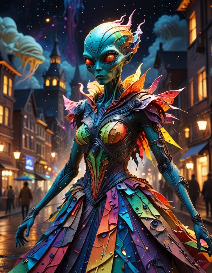 Alien Explores Paper City at Night in Steampunk Style