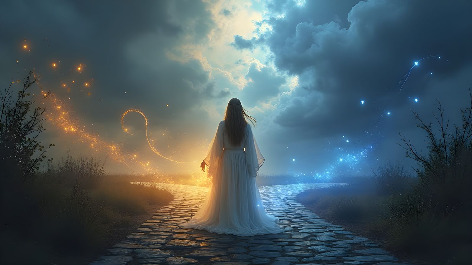 Woman at Crossroads in Symbolic Digital Art