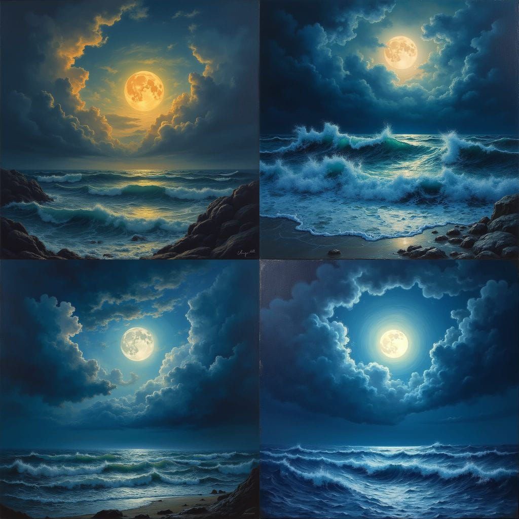 Stormy Ocean Full Moon in Oil Painting Style