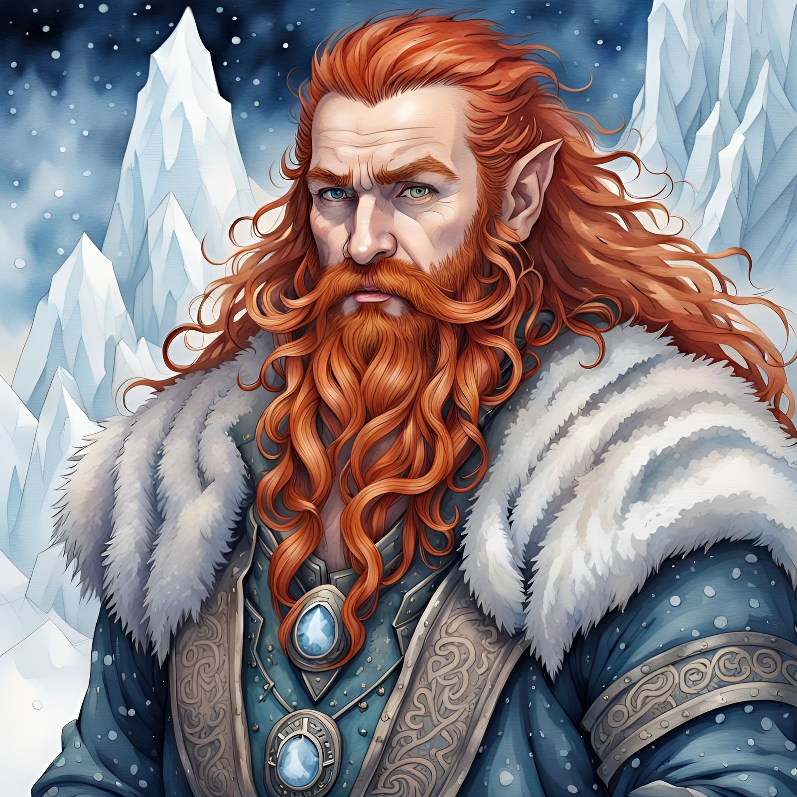 Ornate Watercolour Portrait of Dwarven Ice Mage