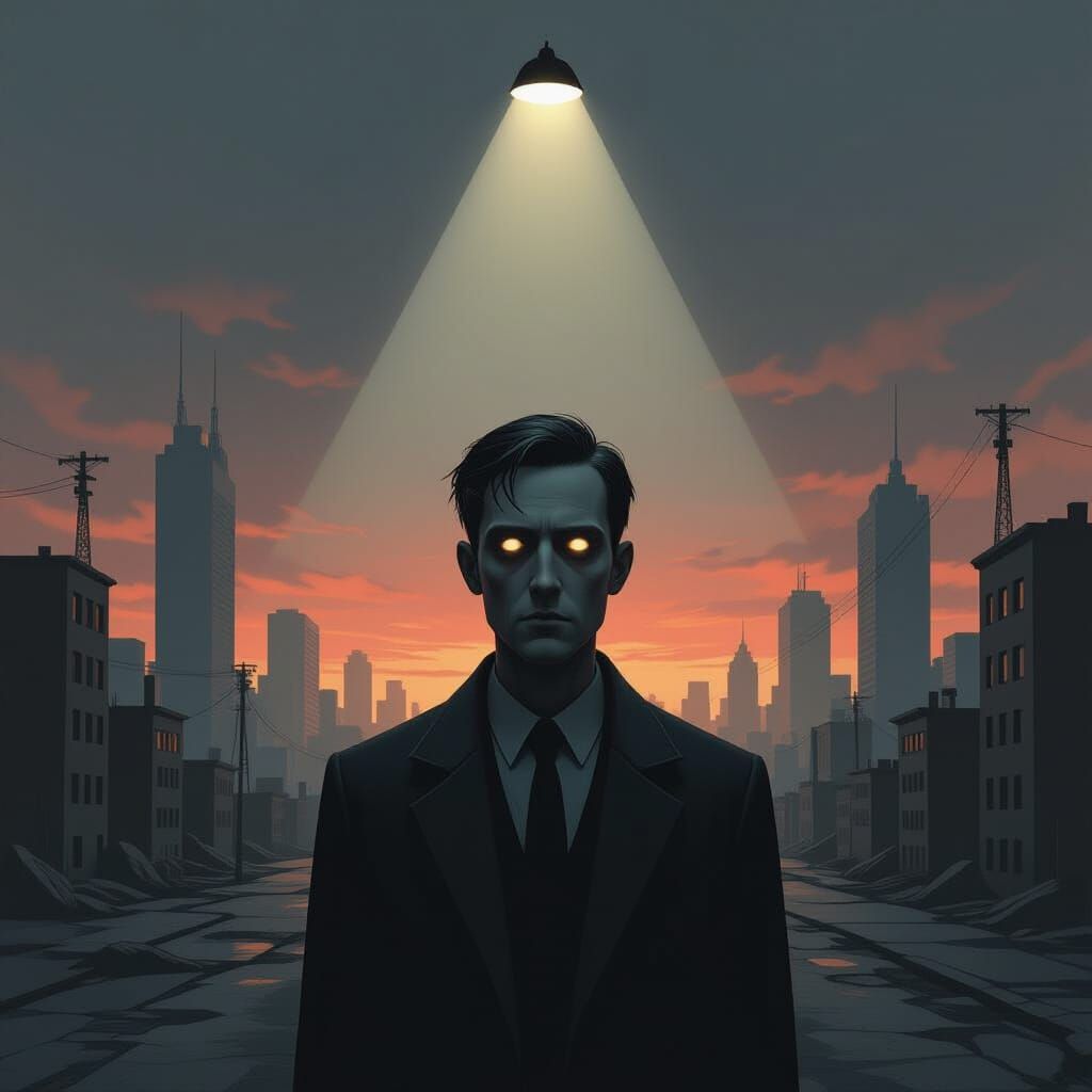Man in Dystopian Cityscape in Surrealist Style