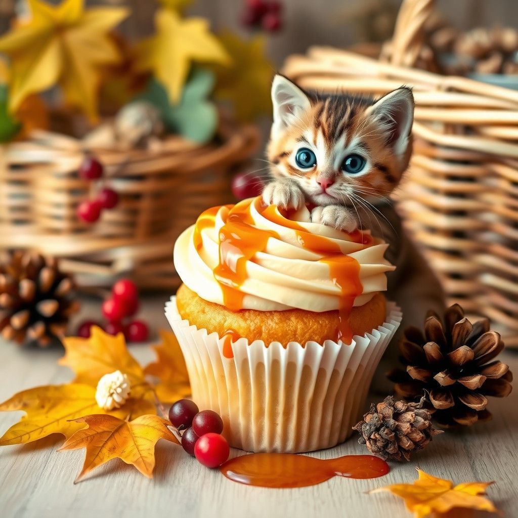Cupcake and Kitten with Autumnal Touches