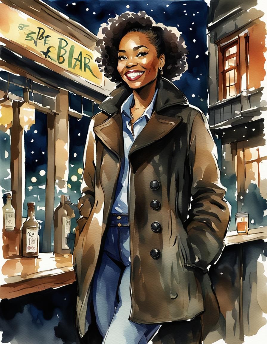 Woman Glances Back in Ink and Watercolor Style