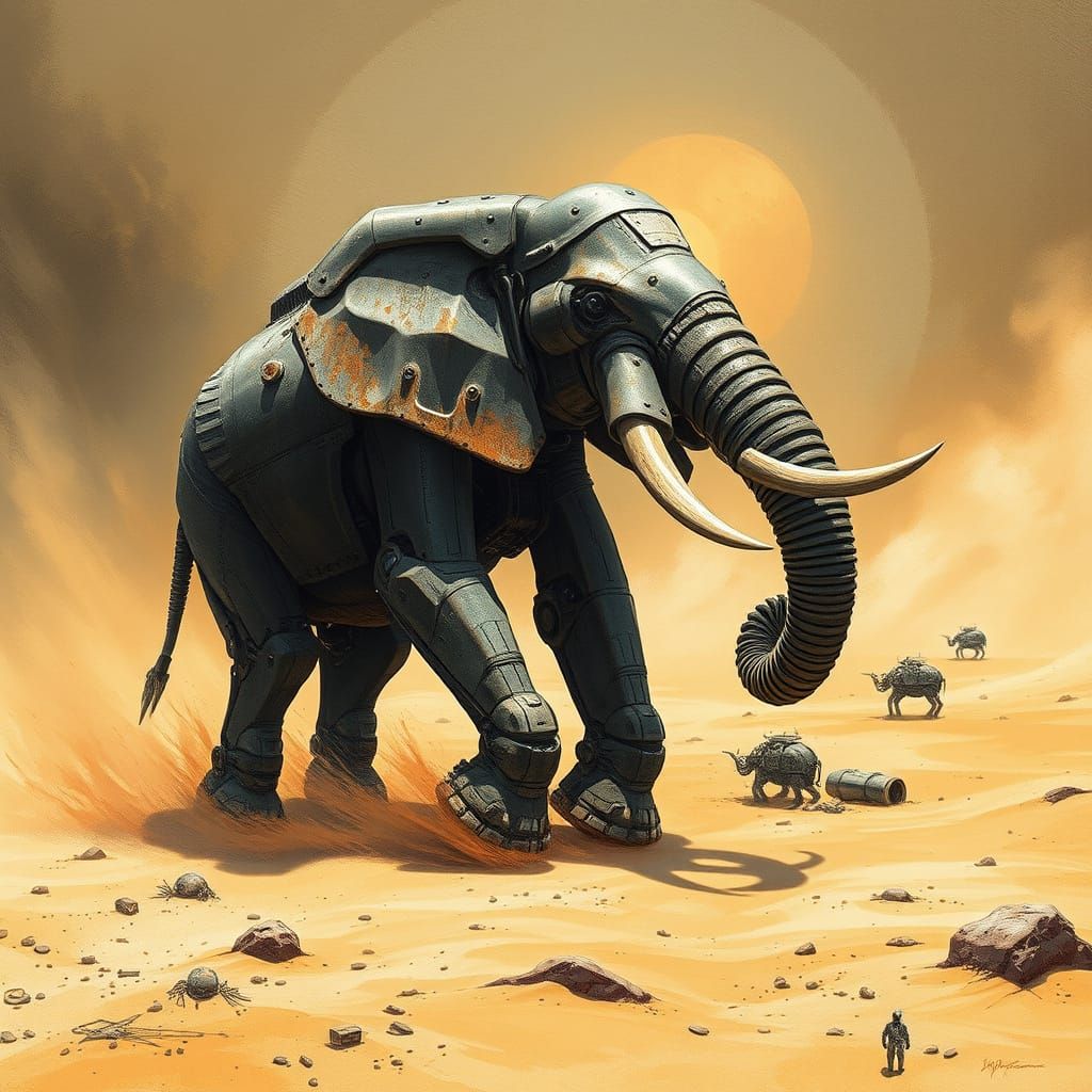 Cyberpunk Iron Elephant Strides Through Post-Apocalyptic Des...