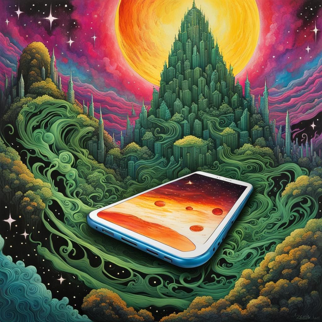 Eerie Platinum Genie Rising from Smartphone, Graffiti Art