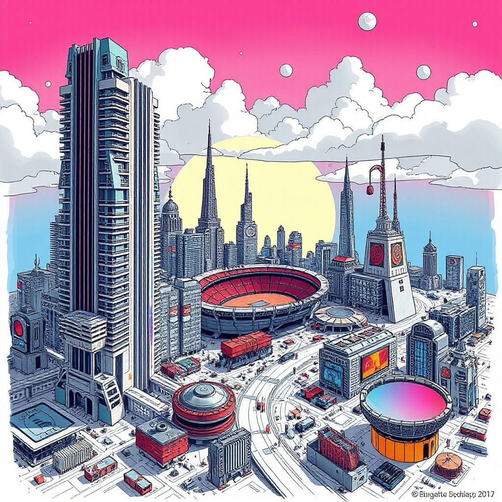 Futuristic Cityscape Motherboard in Illustrated Style