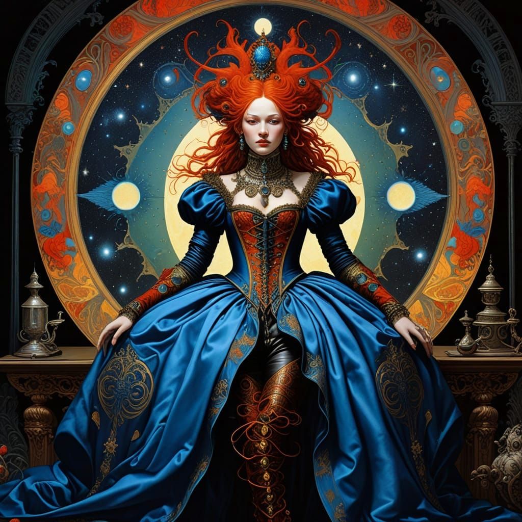 Baroque Celestial Jester in Extravagant Renaissance Attire