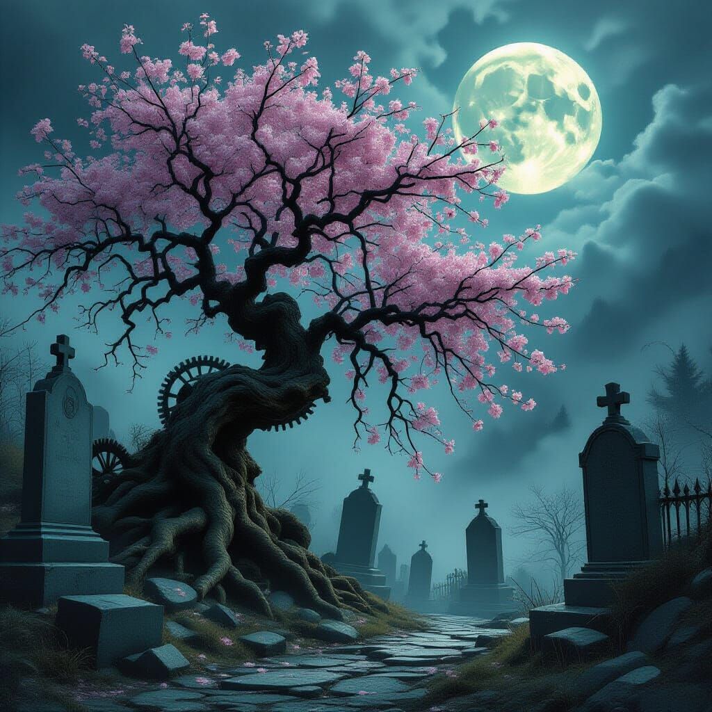 Gnarled Sakura Tree with Clockwork Raven in Cemetery