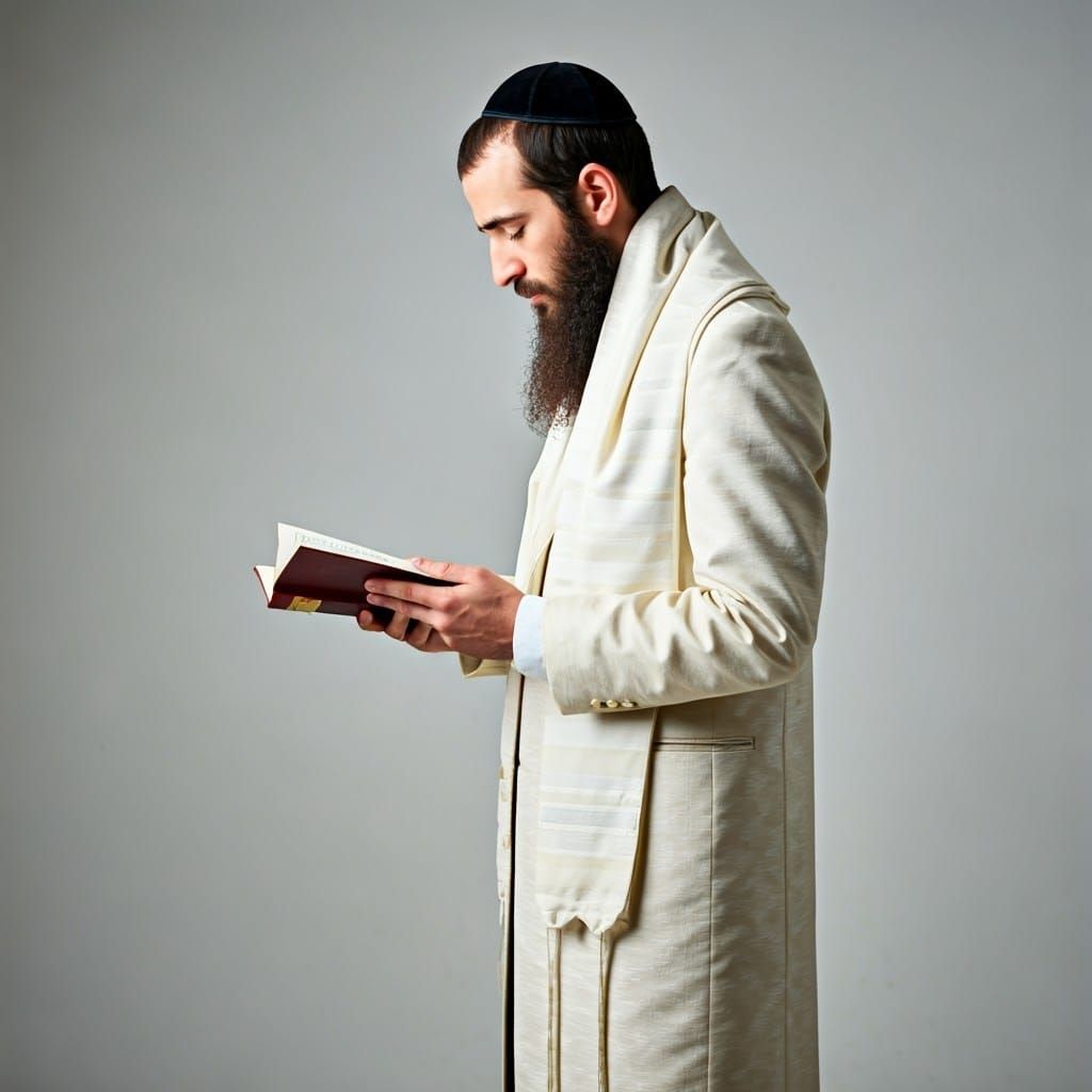 Orthodox Jewish Man in Traditional Attire Praying with Siddu...