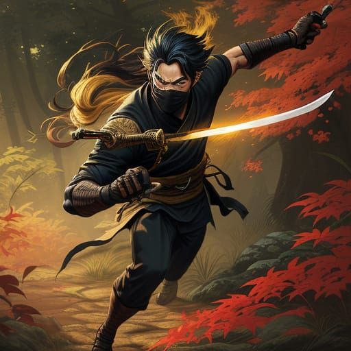 Young Ninja in Forest Concept Art Ukiyo-e Style