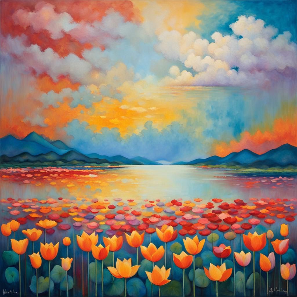 Soul Landscape with Blooming Lotus in Abstract Style