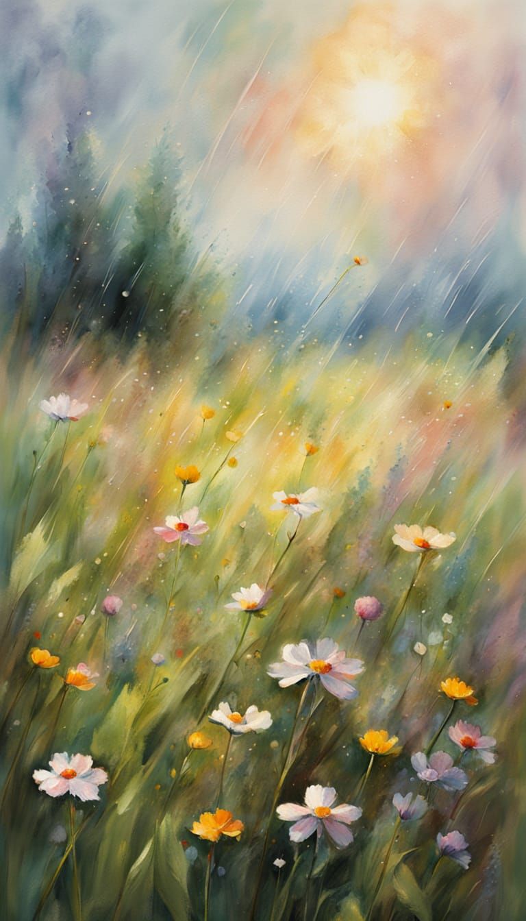 Impressionist Meadow with Gentle Rain and Wildflowers