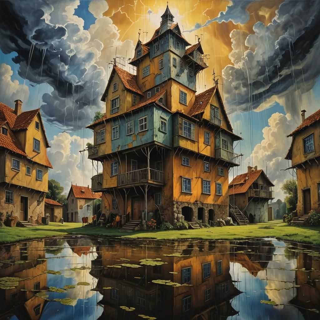 Surreal Creatures in the Rain: A Dreamlike Oil Painting