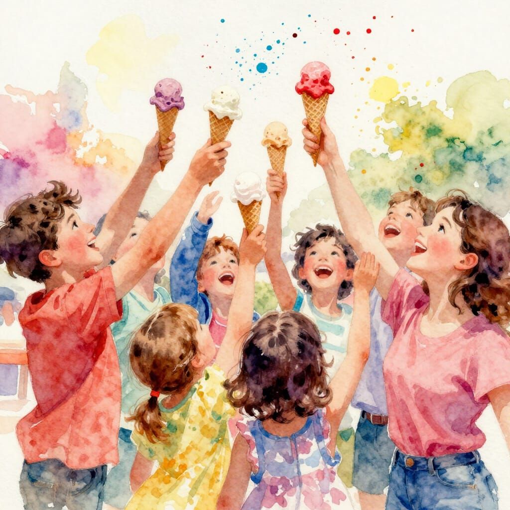 Joyful Watercolor Scene of People Eating Ice Cream
