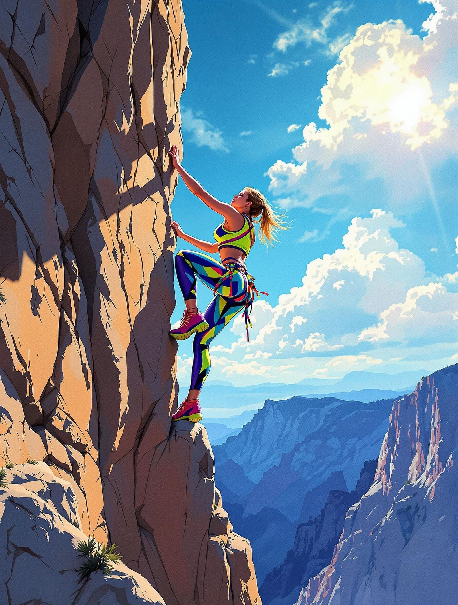 Woman Climbing Cliff: Adam Hughes Style Illustration