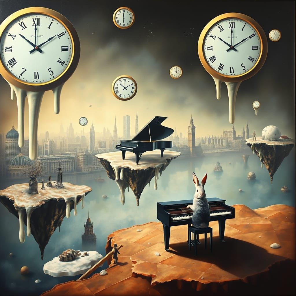 Surreal Rabbit Plays Piano Amidst Melting Clocks