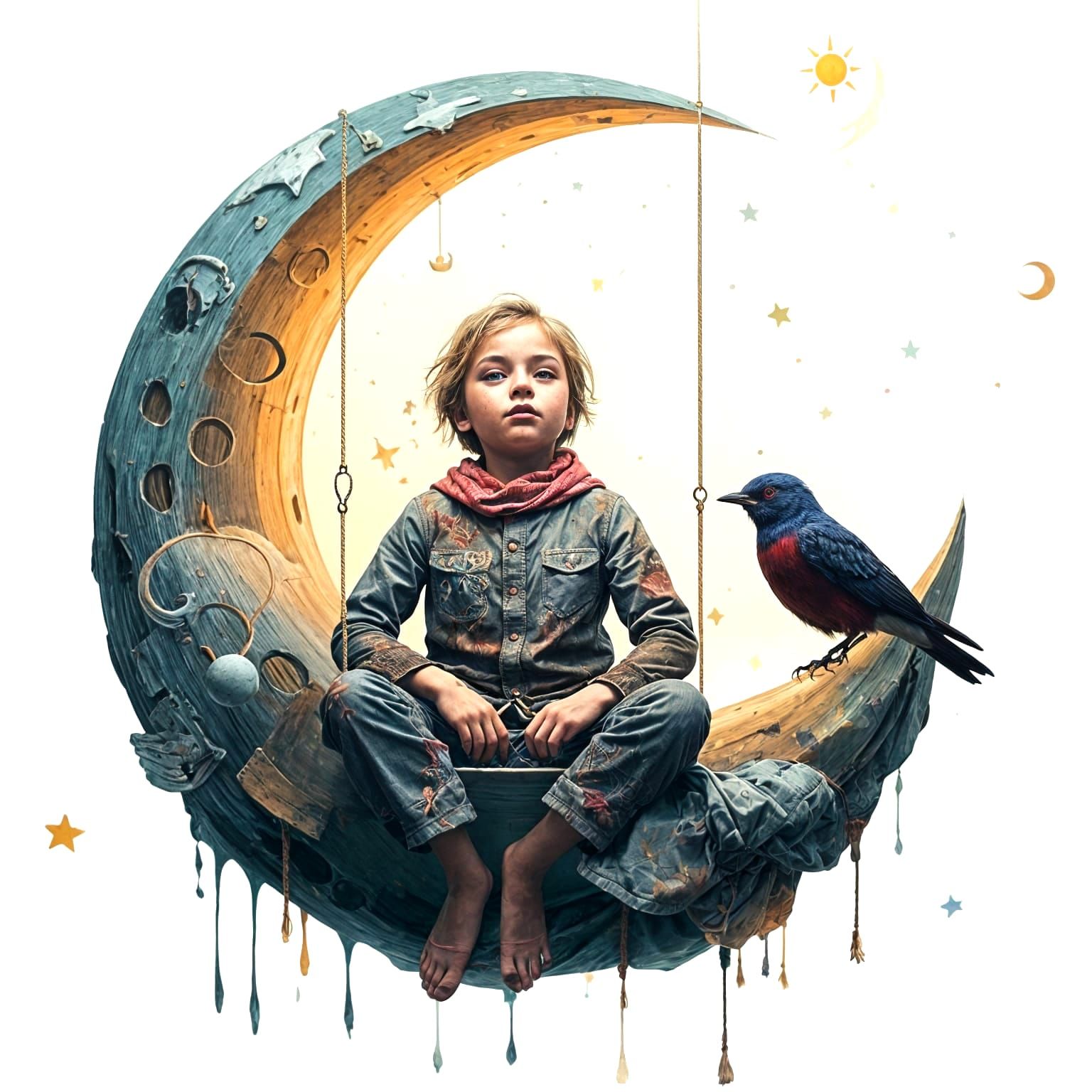 Child on Crescent Moon Swing: Surrealist Dreamscape