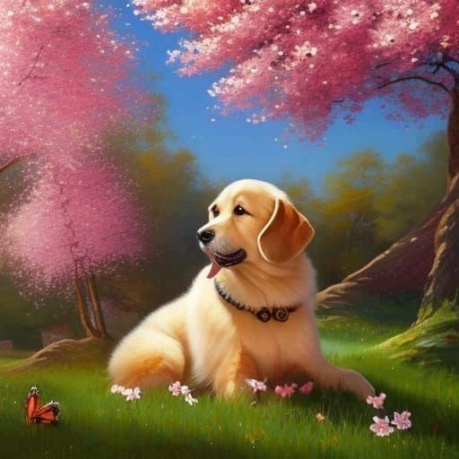 Dog with Butterfly in Cherry Blossom Garden