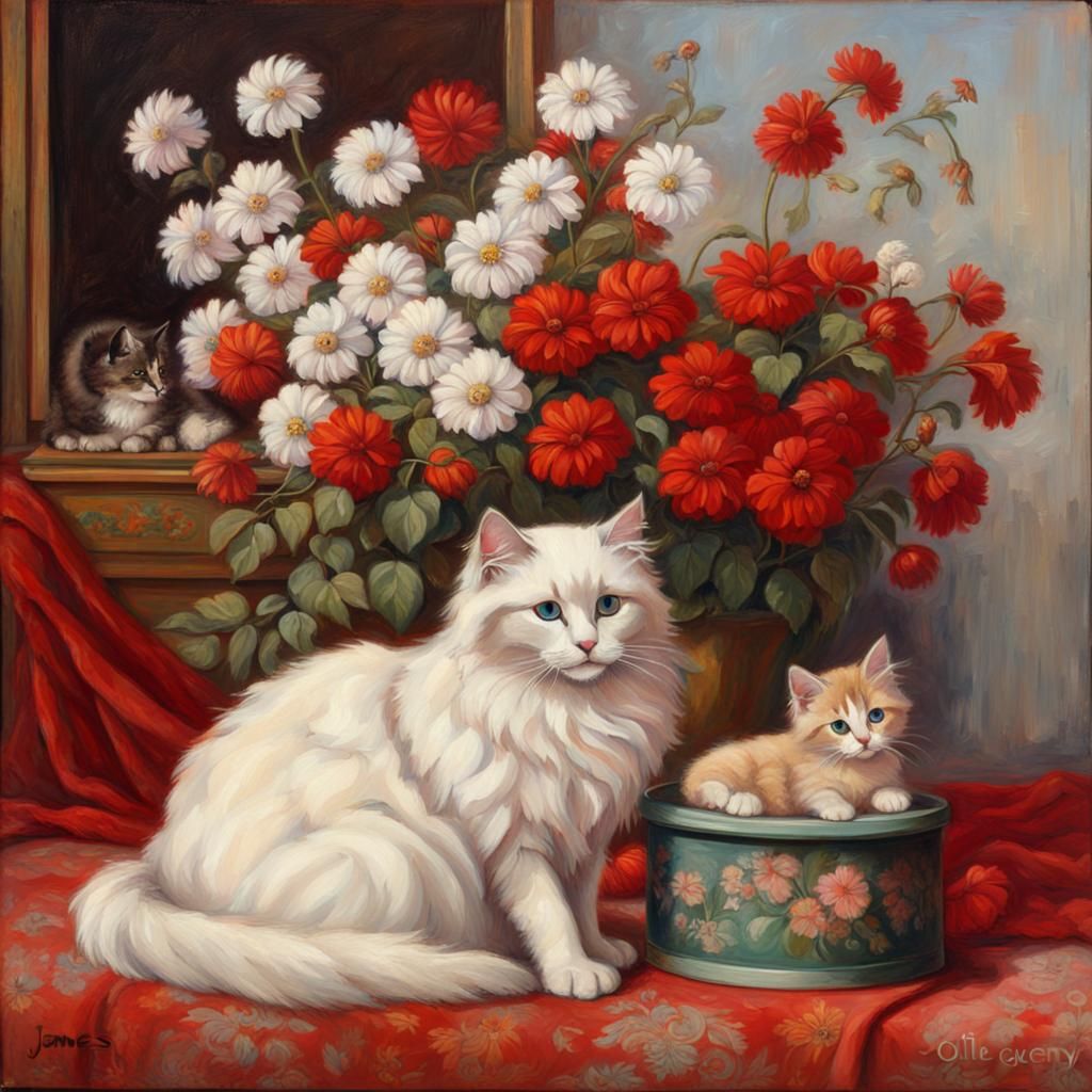 Ragdoll Cat and Kittens in Decorative Box