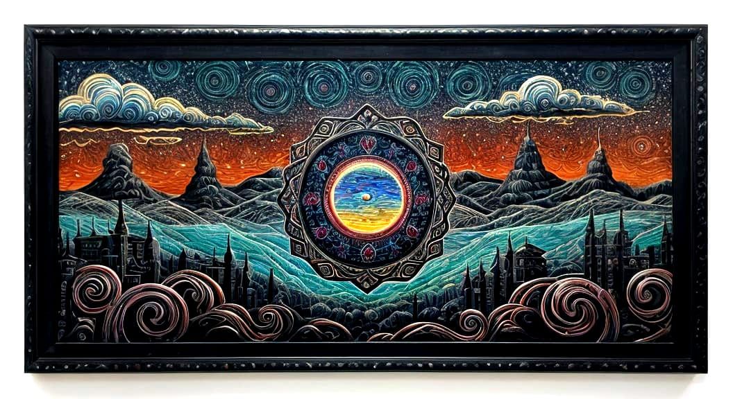 Surreal String Art Landscape with Rainbow Moon