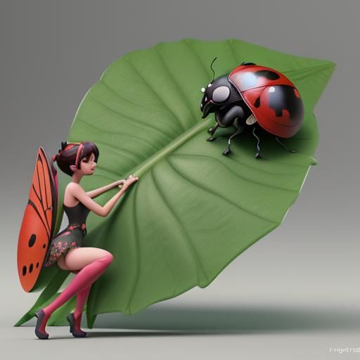 Ladybug Cleaning on Leaf: Pixar-Style 3D Render