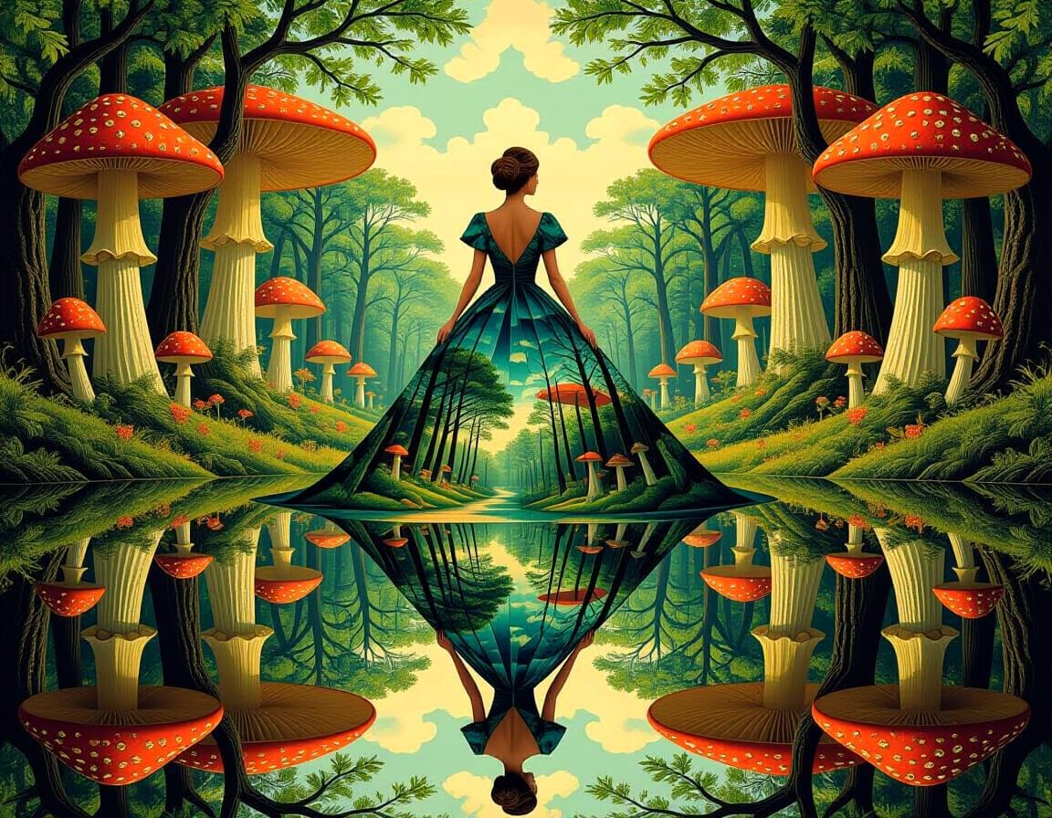 Kaleidoscopic Forest Dress in Digital Surrealism