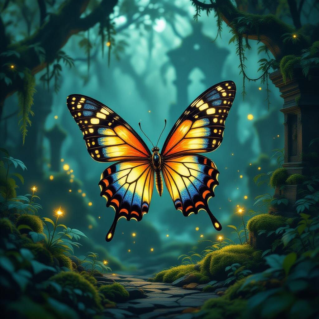 Steampunk Bioluminescent Butterfly in a Hidden Grove