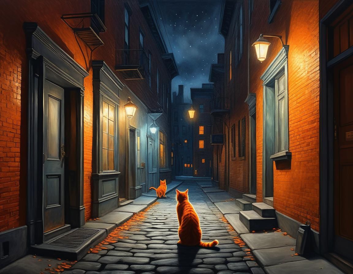 Ethereal Alley Cats Strike in Minimalist Abstract Style