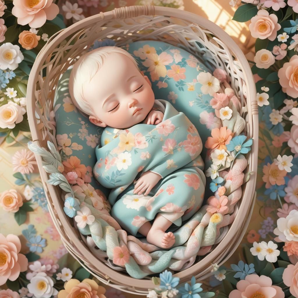 Peaceful Baby in Floral Cradle: Vibrant Anime Art