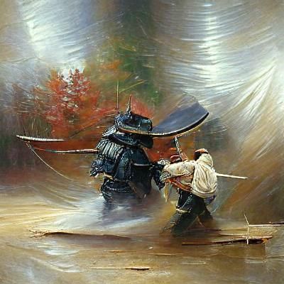 Samurai Battle in Oil Painting Style