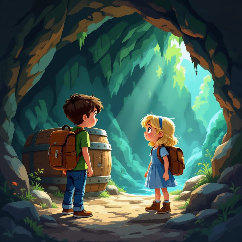 Cartoon Children Discover Ancient Treasure in Dark Cave