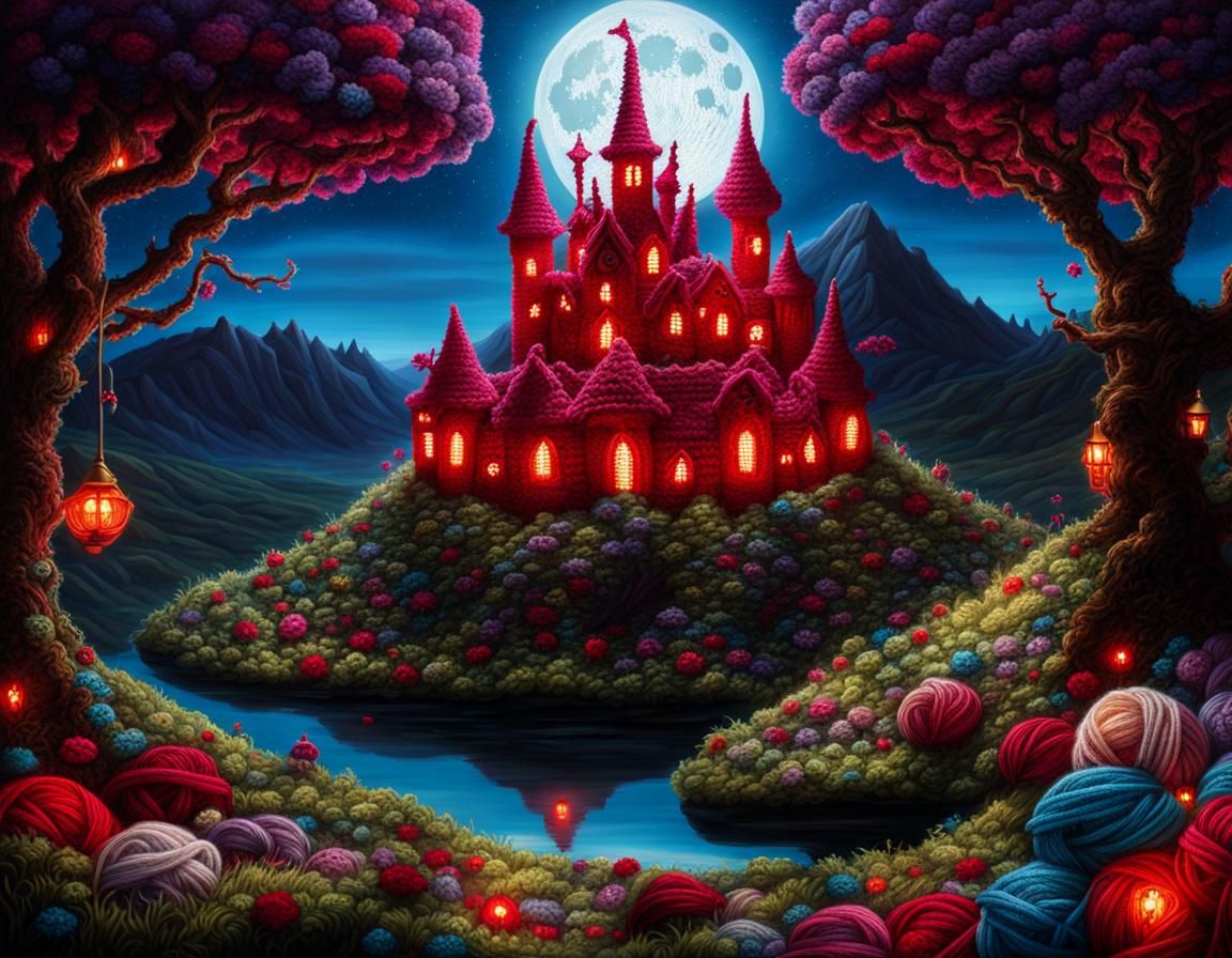 Crocheted Wonderland Landscape with Red Castle