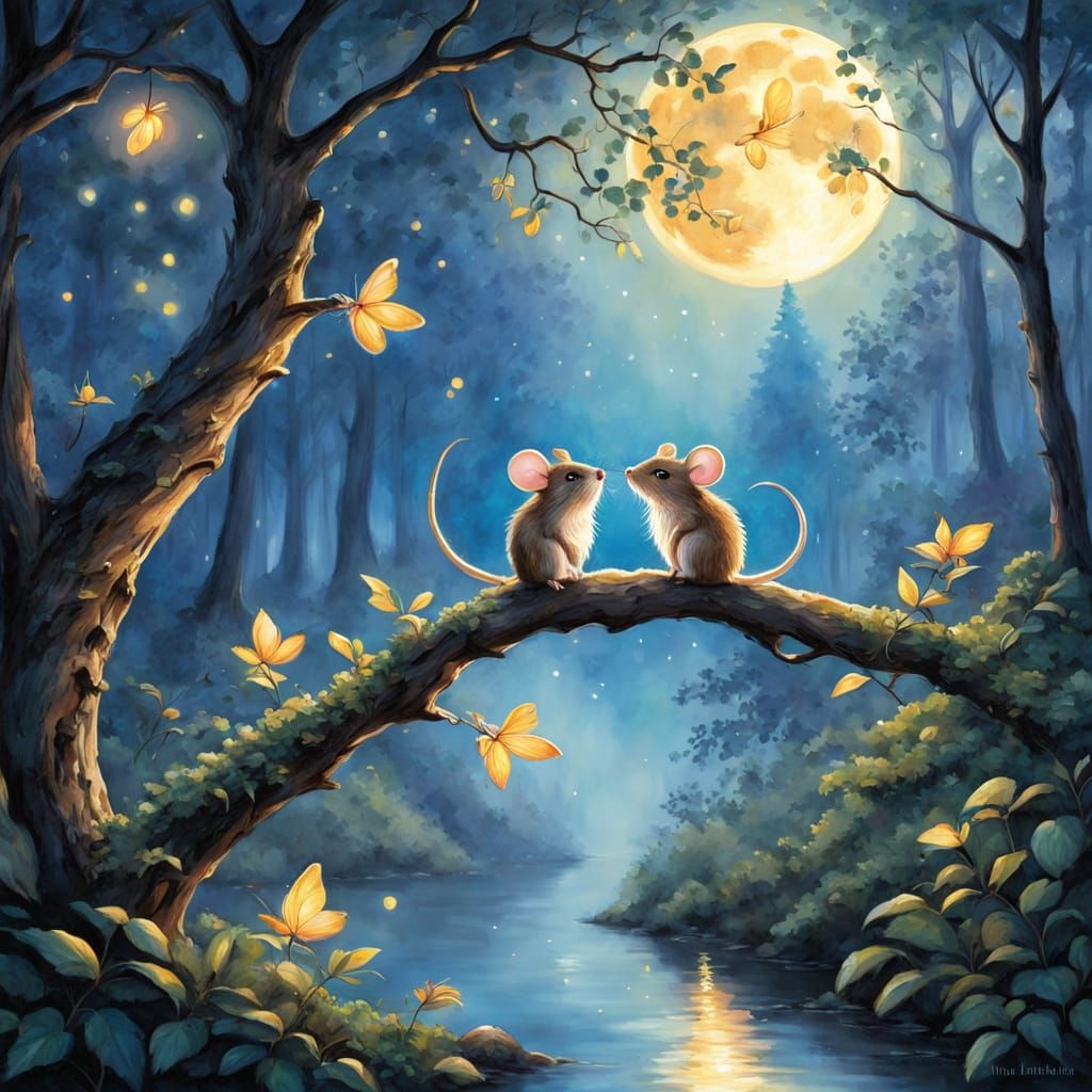 Whimsical Moonlit Mouse Couple in Enchanted Forest