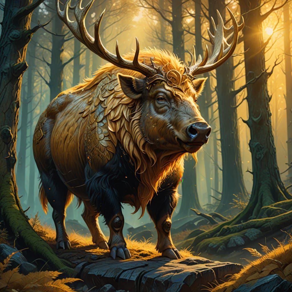 Golden Boar Hildisvini in Valhalla: Oil Painting