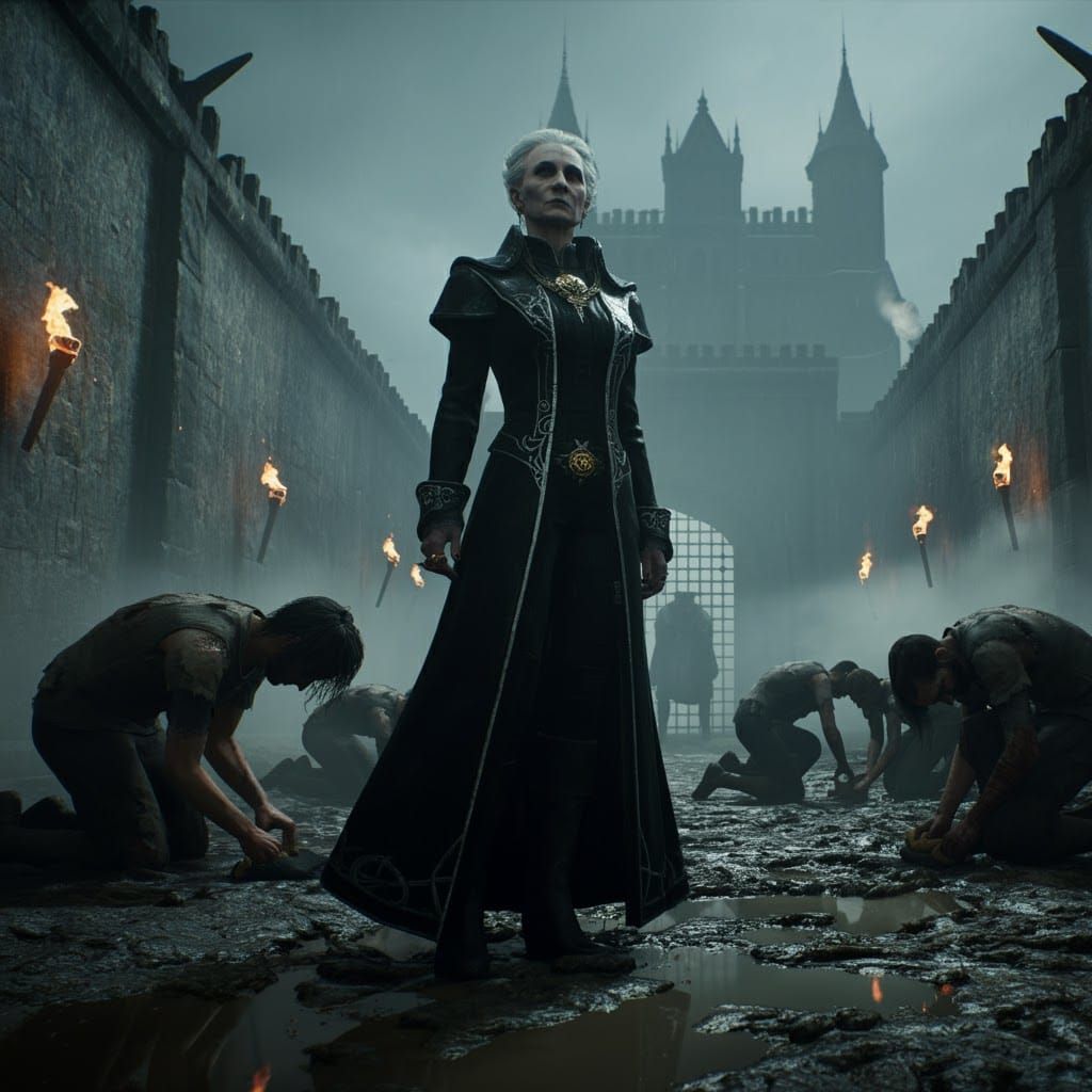 Imposing Governess Addresses Kneeling Inmates in Misty Priso...